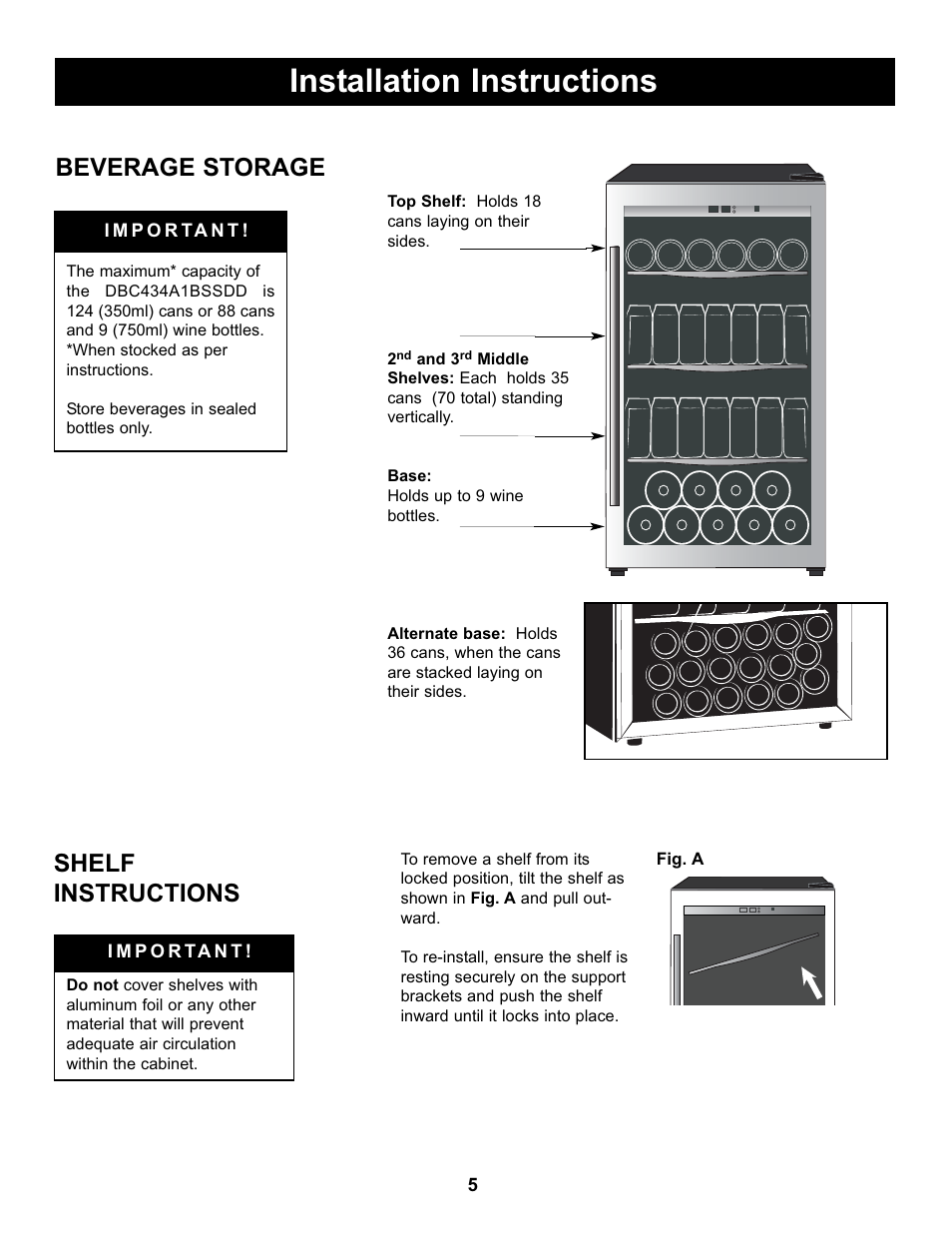 Installation instructions, Shelf instructions beverage storage | Danby DBC434A1BSSDD User Manual | Page 7 / 33