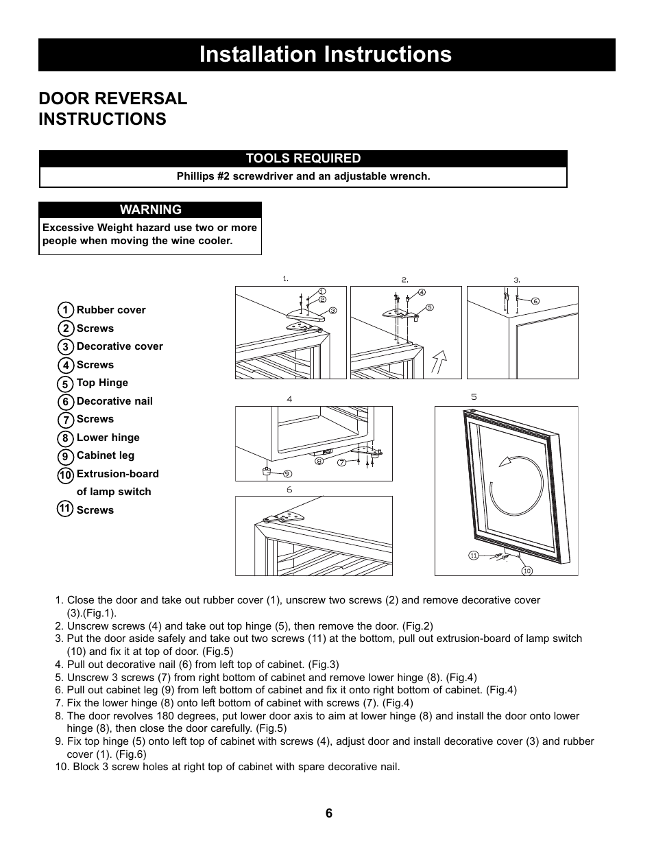 Installation instructions, Door reversal instructions | Danby DBC434A1BSSDD User Manual | Page 8 / 33