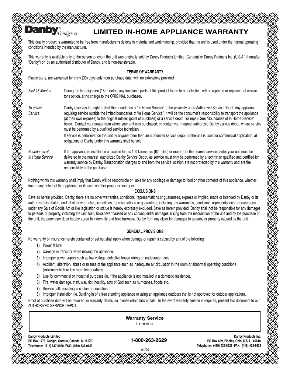 Limited in-home appliance warranty | Danby DBC93BLSDD User Manual | Page 11 / 30
