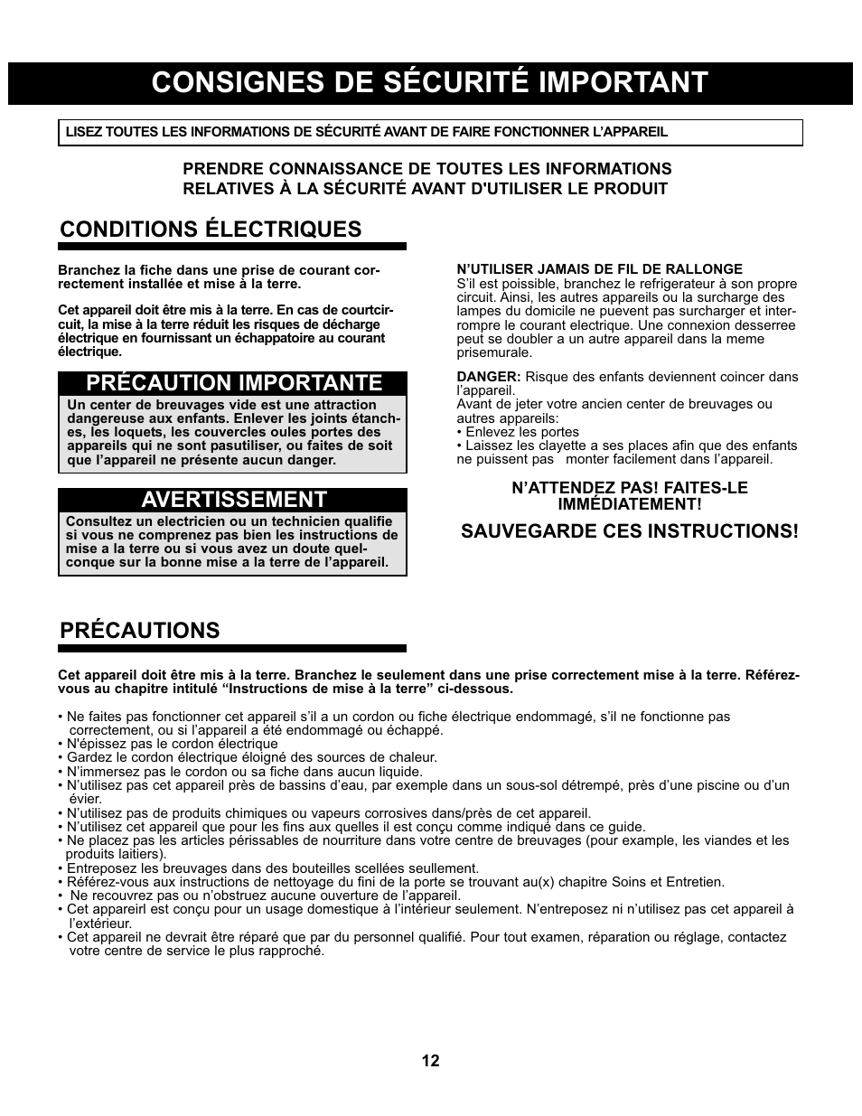 Consignes de sécurité important, Précaution importante avertissement, Conditions électriques précautions | Sauvegarde ces instructions | Danby DBC93BLSDD User Manual | Page 13 / 30