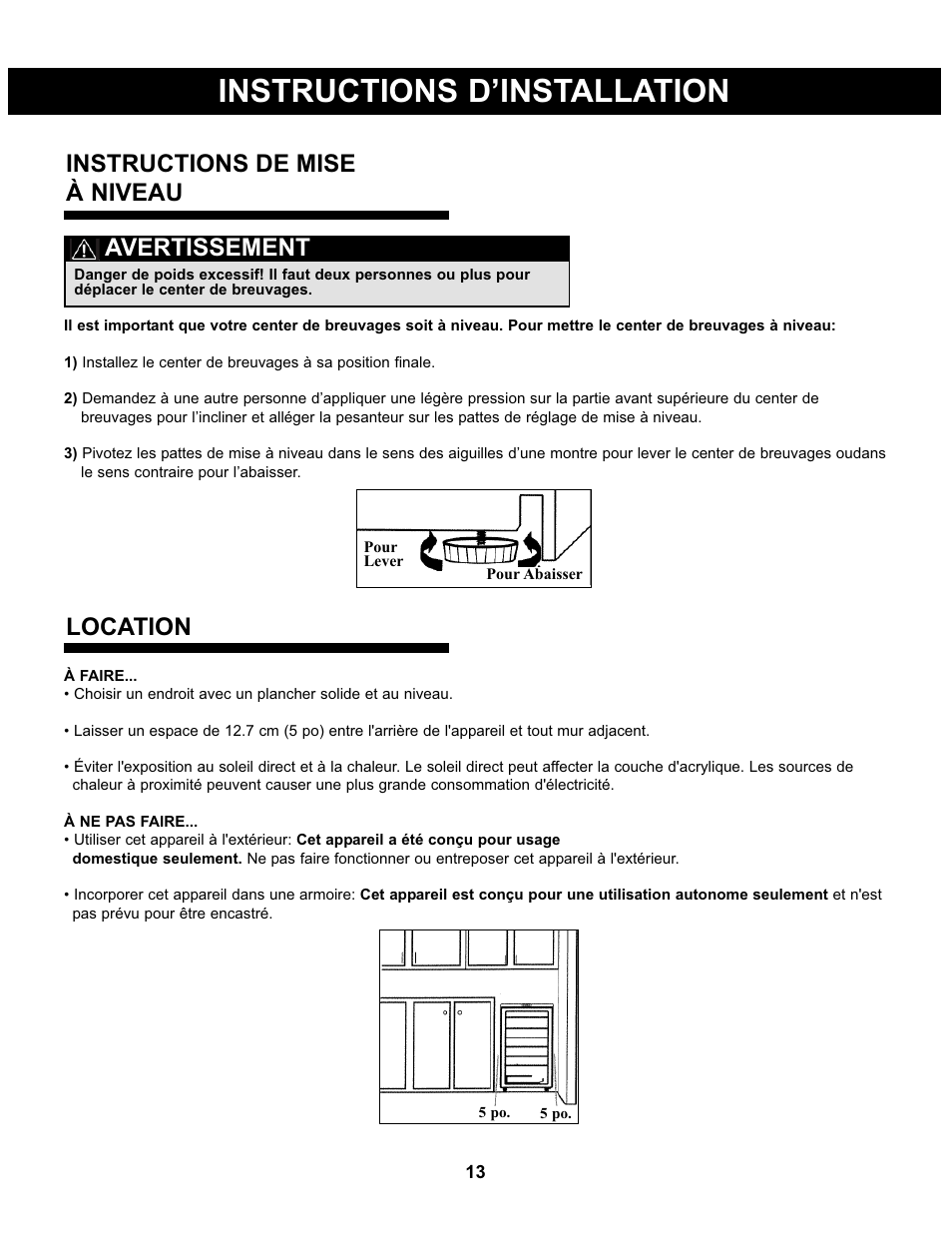 Instructions d’installation, Avertissement, Instructions de mise à niveau location | Danby DBC93BLSDD User Manual | Page 14 / 30