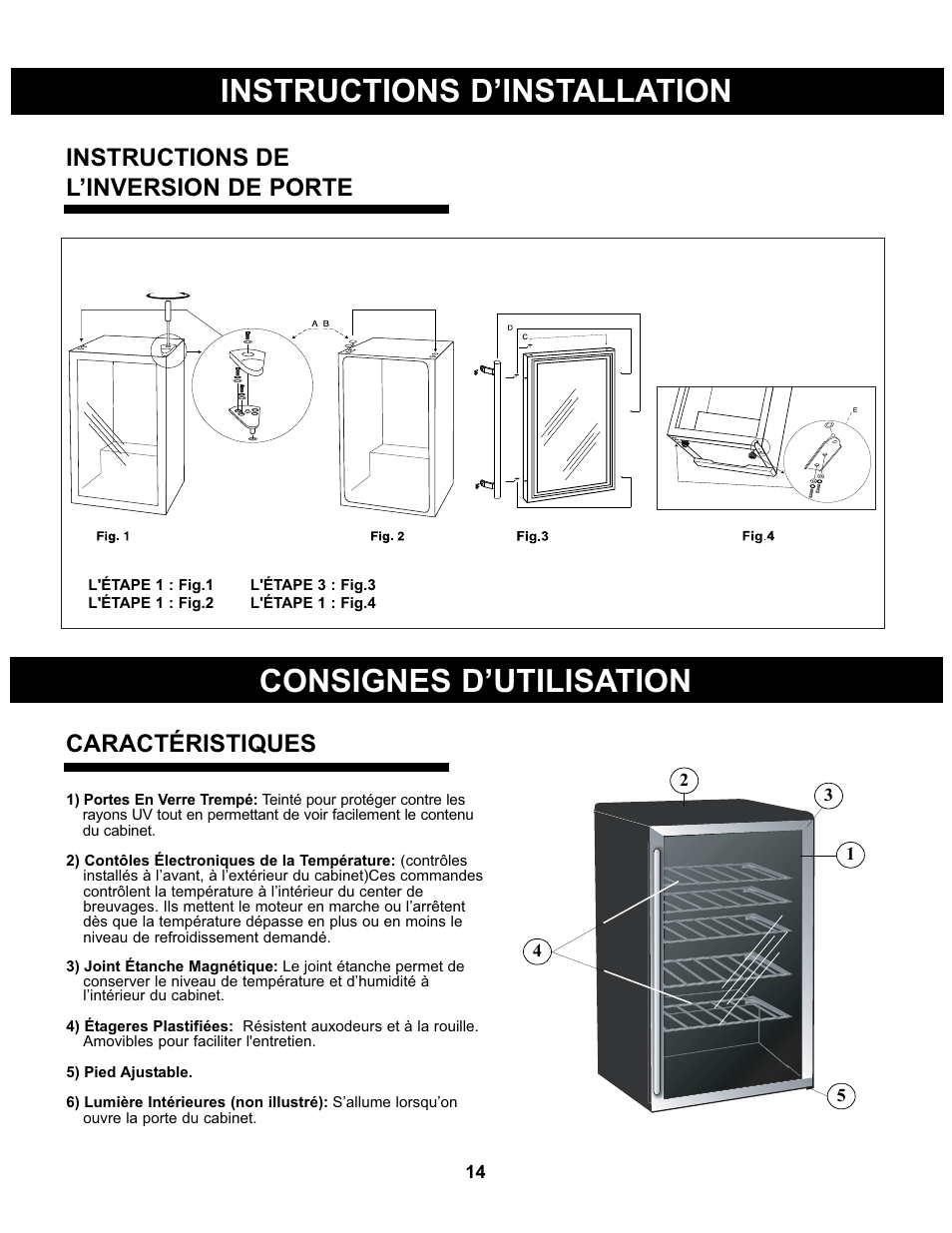 Instructions d’installation, Consignes d’utilisation, Instructions de l’inversion de porte | Caractéristiques | Danby DBC93BLSDD User Manual | Page 15 / 30