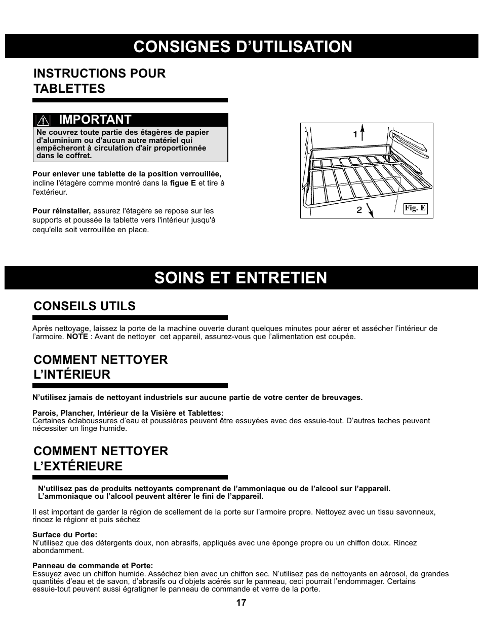 Soins et entretien, Consignes d’utilisation, Important | Instructions pour tablettes | Danby DBC93BLSDD User Manual | Page 18 / 30