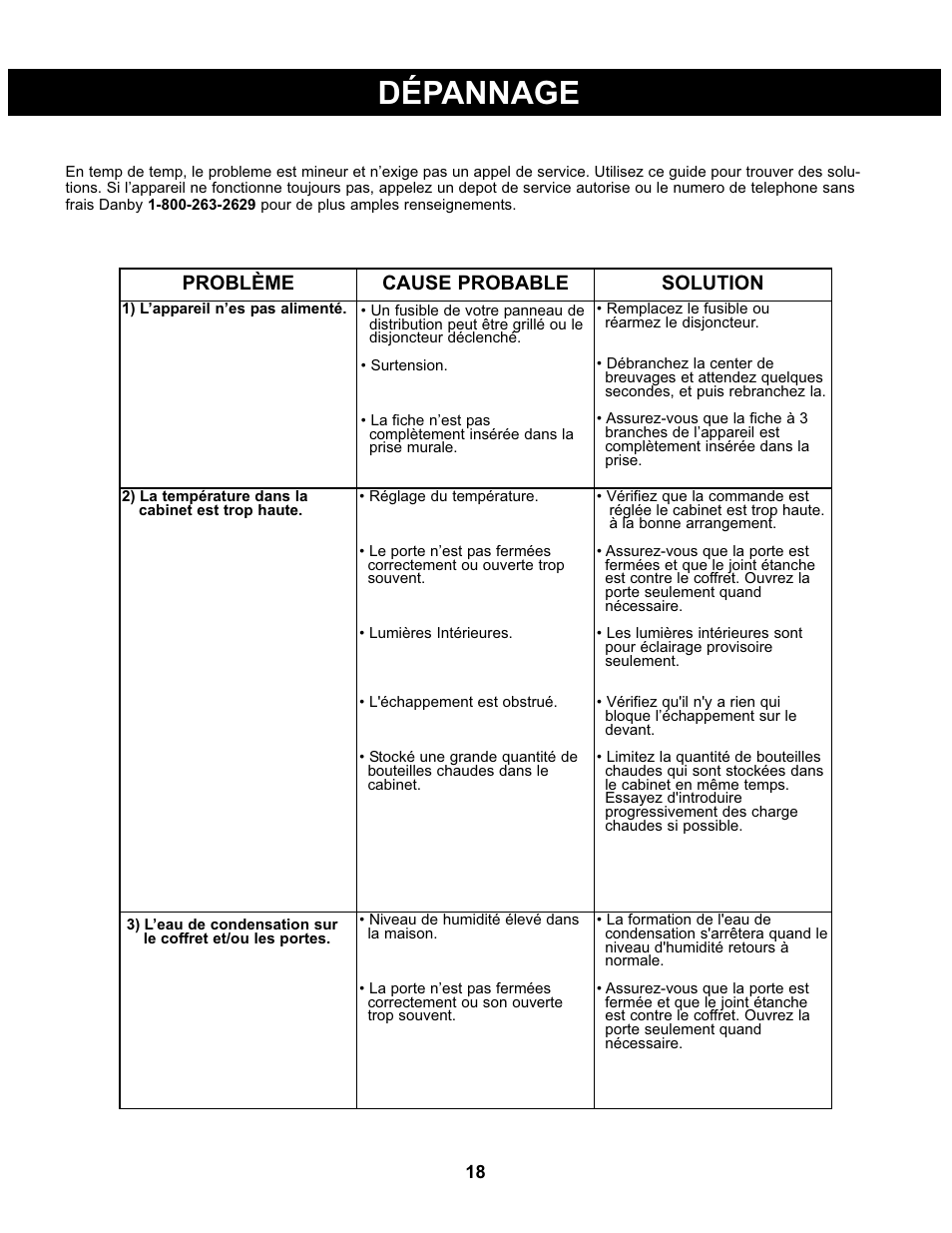 Dépannage, Problème cause probable solution | Danby DBC93BLSDD User Manual | Page 19 / 30