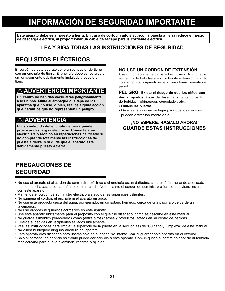 Información de seguridad importante, Requisitos eléctricos, Advertencia importante | Advertencia, Precauciones de seguridad, Lea y siga todas las instrucciones de seguridad, Guarde estas instrucciones | Danby DBC93BLSDD User Manual | Page 22 / 30