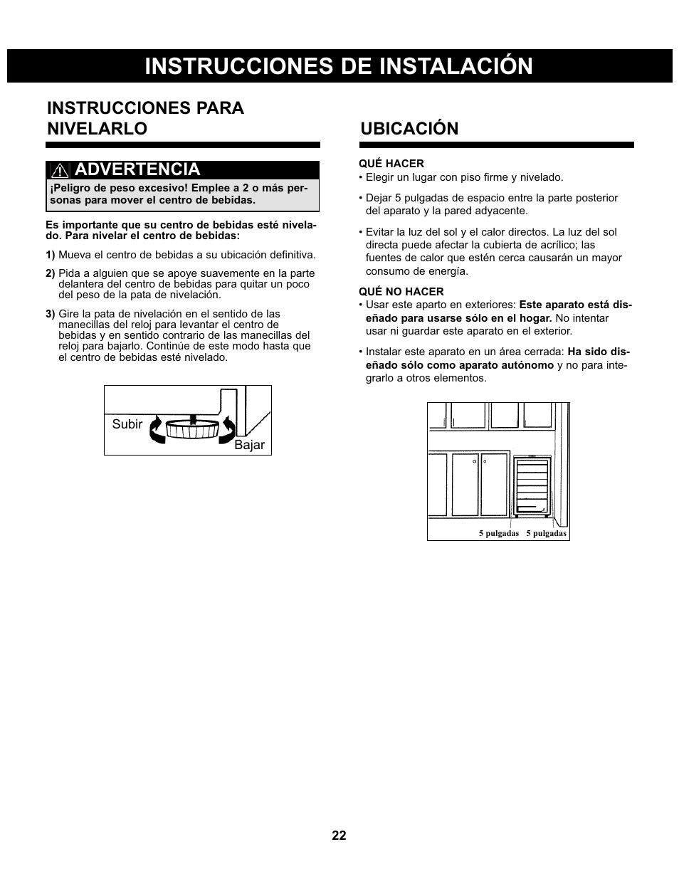 Instrucciones de instalación, Instrucciones para nivelarlo, Advertencia | Ubicación | Danby DBC93BLSDD User Manual | Page 23 / 30