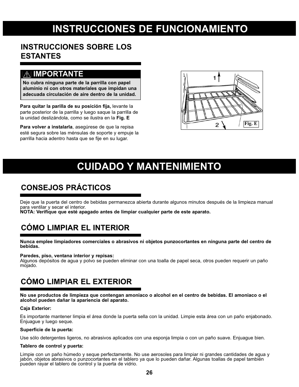 Cuidado y mantenimiento, Instrucciones de funcionamiento, Consejos prácticos | Cómo limpiar el interior, Cómo limpiar el exterior, Instrucciones sobre los estantes, Importante | Danby DBC93BLSDD User Manual | Page 27 / 30