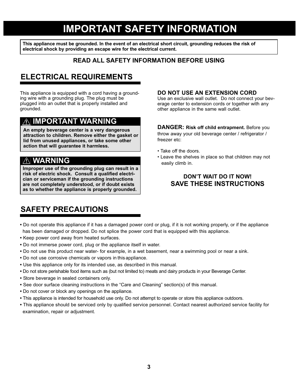 Important safety information, Important warning warning, Electrical requirements | Safety precautions, Save these instructions | Danby DBC93BLSDD User Manual | Page 4 / 30