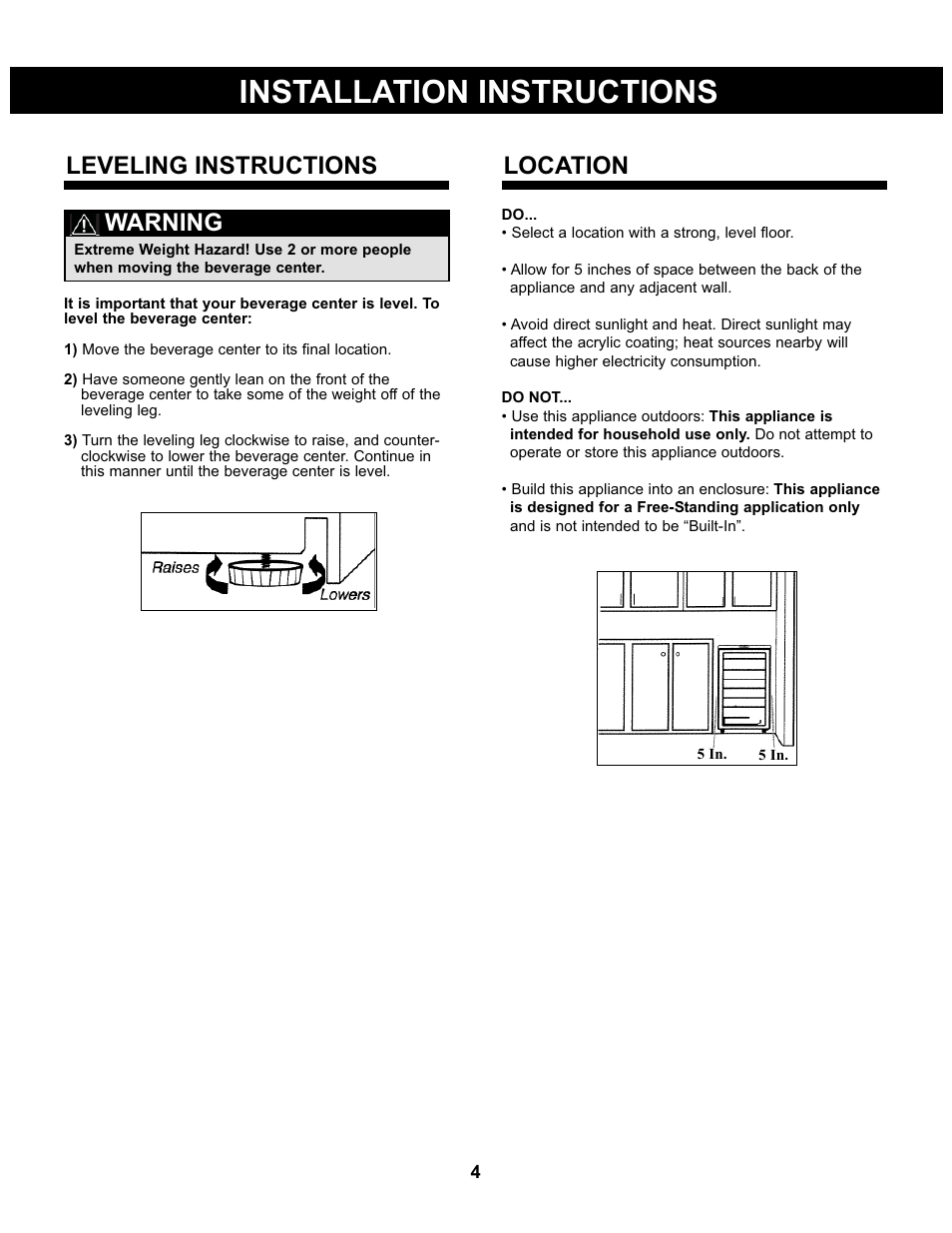 Installation instructions, Warning, Leveling instructions | Location | Danby DBC93BLSDD User Manual | Page 5 / 30