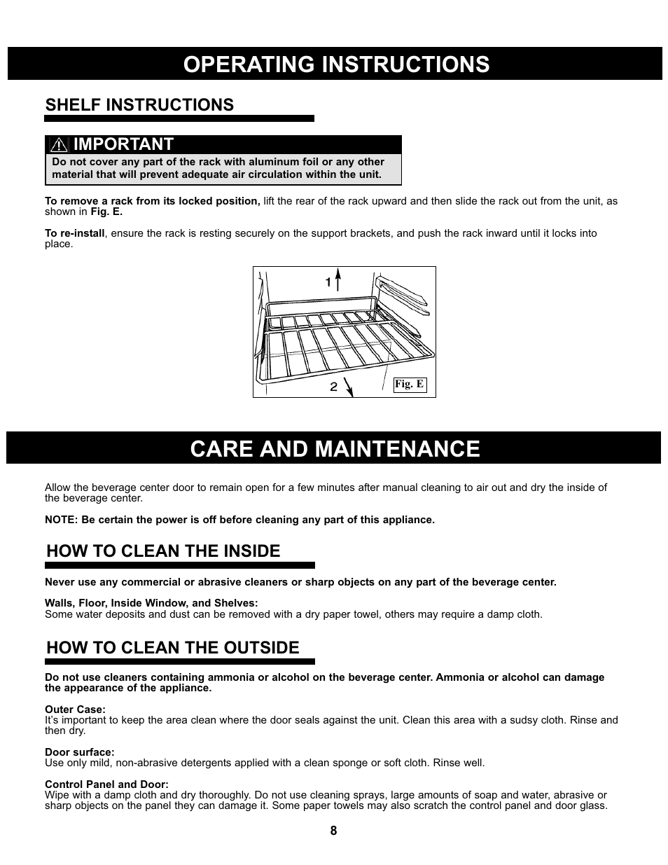 Care and maintenance, Operating instructions, How to clean the inside how to clean the outside | Important, Shelf instructions | Danby DBC93BLSDD User Manual | Page 9 / 30