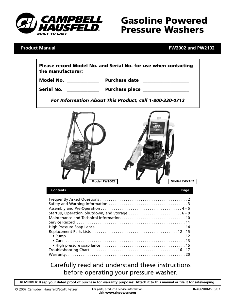 Campbell Hausfeld PW2002 User Manual | 20 pages