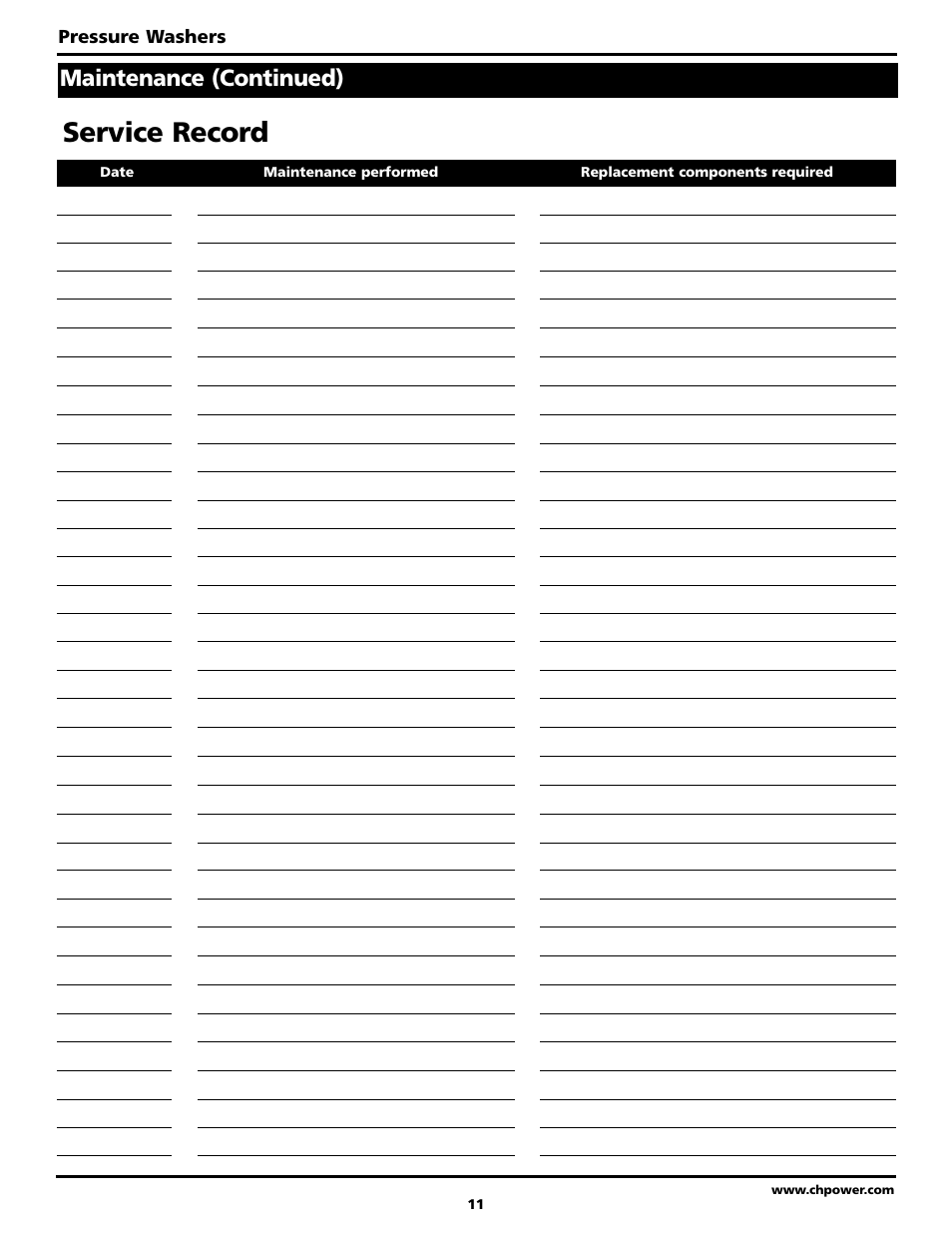 Service record, Maintenance (continued) | Campbell Hausfeld PW2002 User Manual | Page 11 / 20