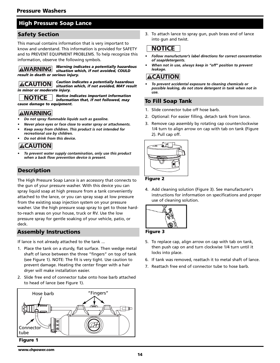 Notice, Caution, Warning | Pressure washers, Description, Assembly instructions | Campbell Hausfeld PW2002 User Manual | Page 14 / 20