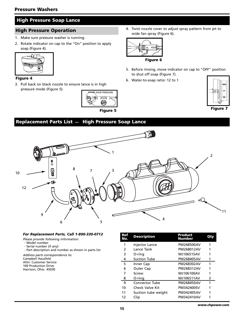 Pressure washers, Replacement parts list, High pressure soap lance | High pressure operation | Campbell Hausfeld PW2002 User Manual | Page 15 / 20