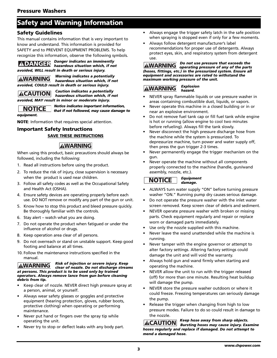 Safety and warning information, Notice, Caution | Danger, Warning, Pressure washers | Campbell Hausfeld PW2002 User Manual | Page 3 / 20