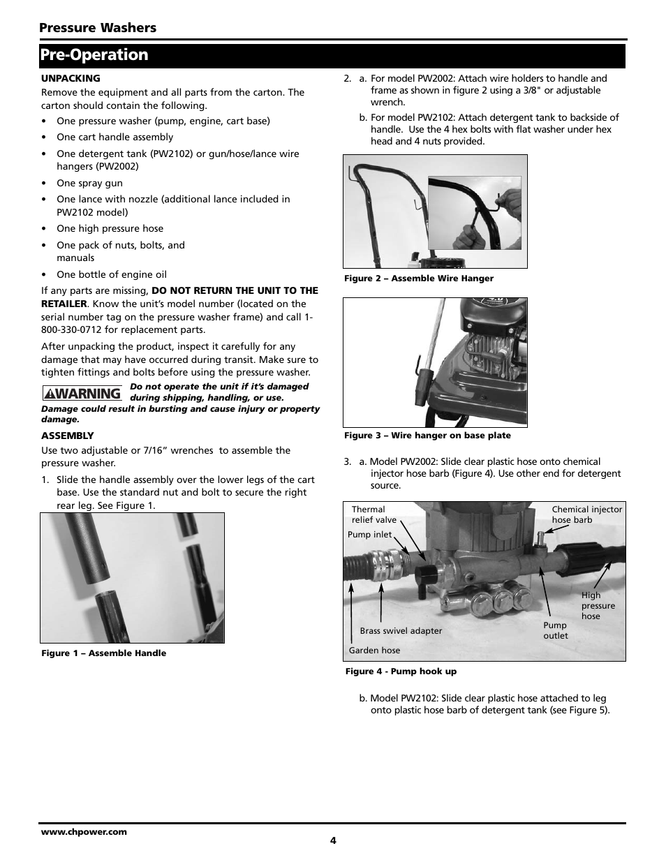 Pre-operation, Warning, Pressure washers | Campbell Hausfeld PW2002 User Manual | Page 4 / 20