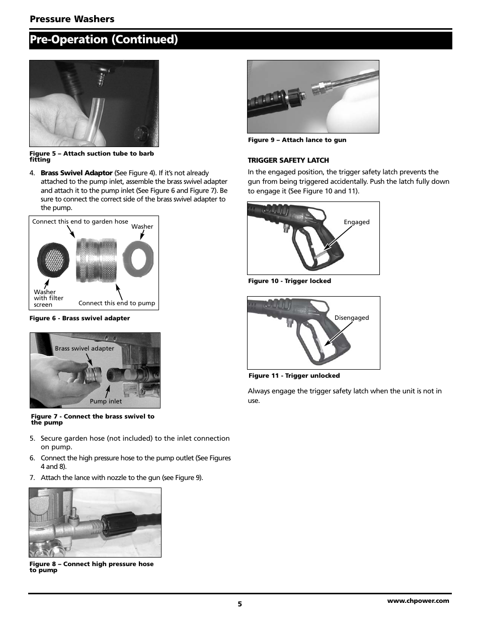 Pre-operation (continued), Pressure washers | Campbell Hausfeld PW2002 User Manual | Page 5 / 20