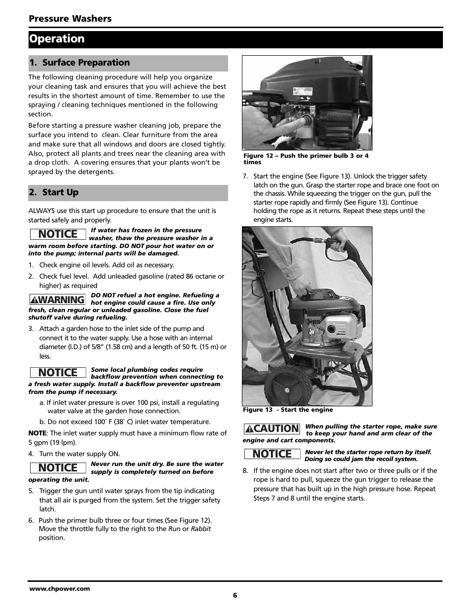 Operation, Notice, Caution | Warning | Campbell Hausfeld PW2002 User Manual | Page 6 / 20