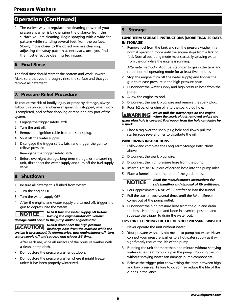 Operation (continued), Notice, Caution | Warning, Pressure washers | Campbell Hausfeld PW2002 User Manual | Page 9 / 20