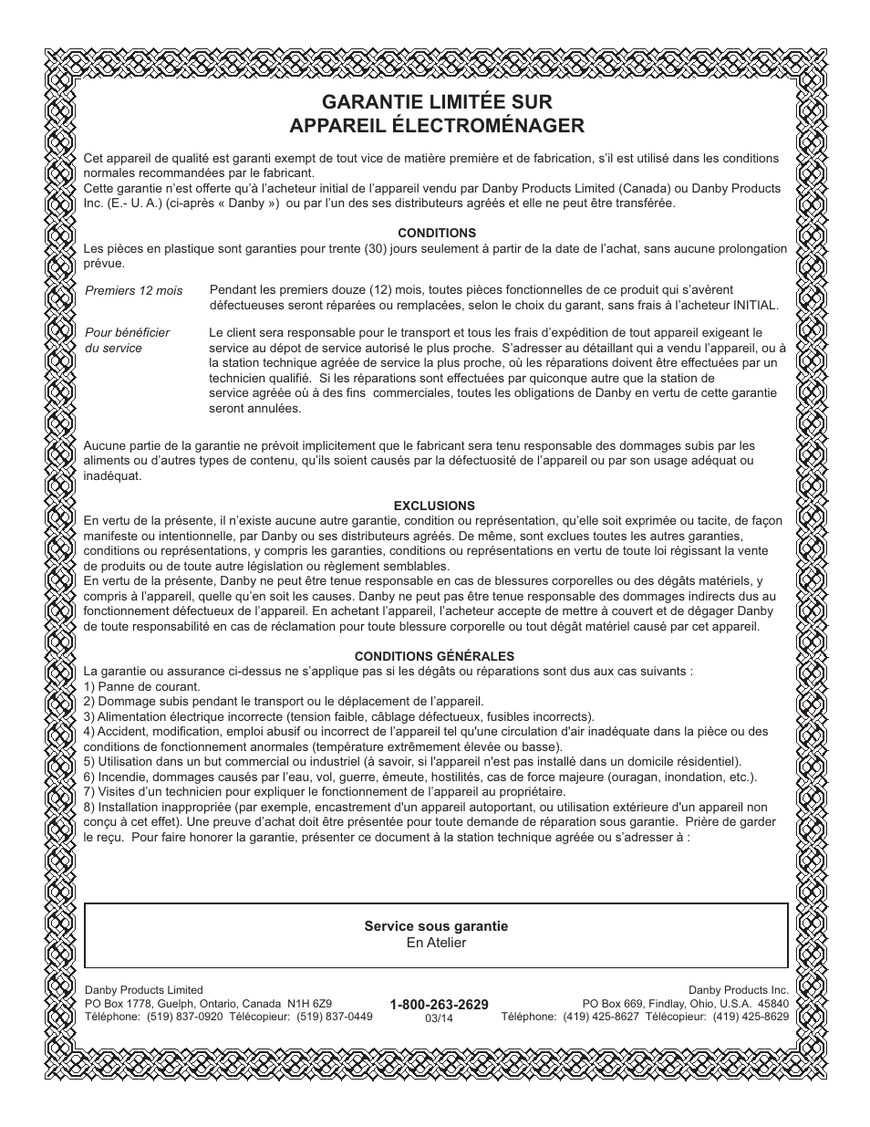 Garantie limitée sur appareil électroménager, Limited in-home appliance warranty | Danby DCR016A3WDB User Manual | Page 11 / 17