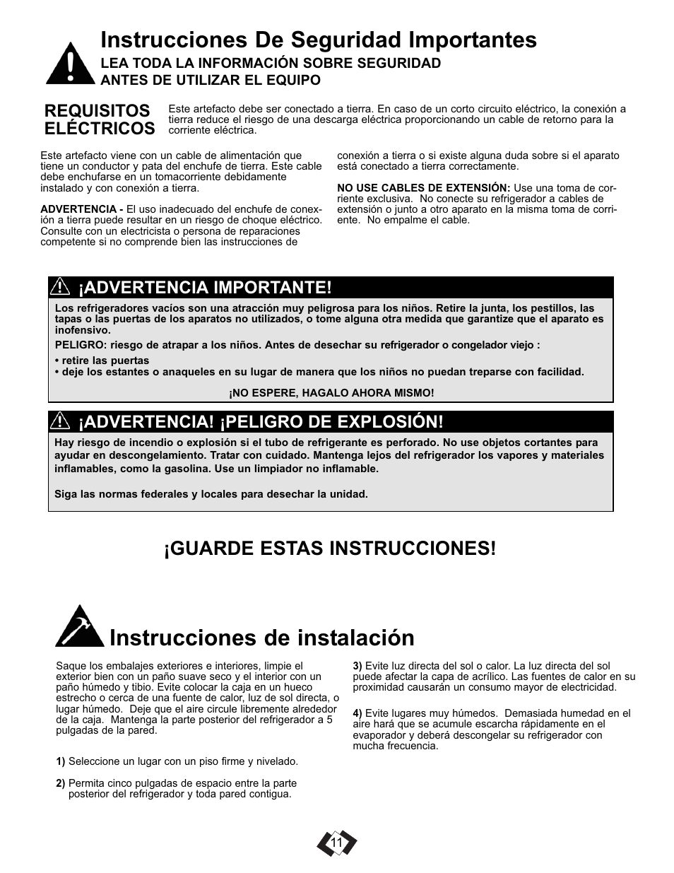 Instrucciones de seguridad importantes, Instrucciones de instalación, Guarde estas instrucciones | Requisitos eléctricos, Advertencia! ¡peligro de explosión, Advertencia importante | Danby DCR016A3WDB User Manual | Page 12 / 17