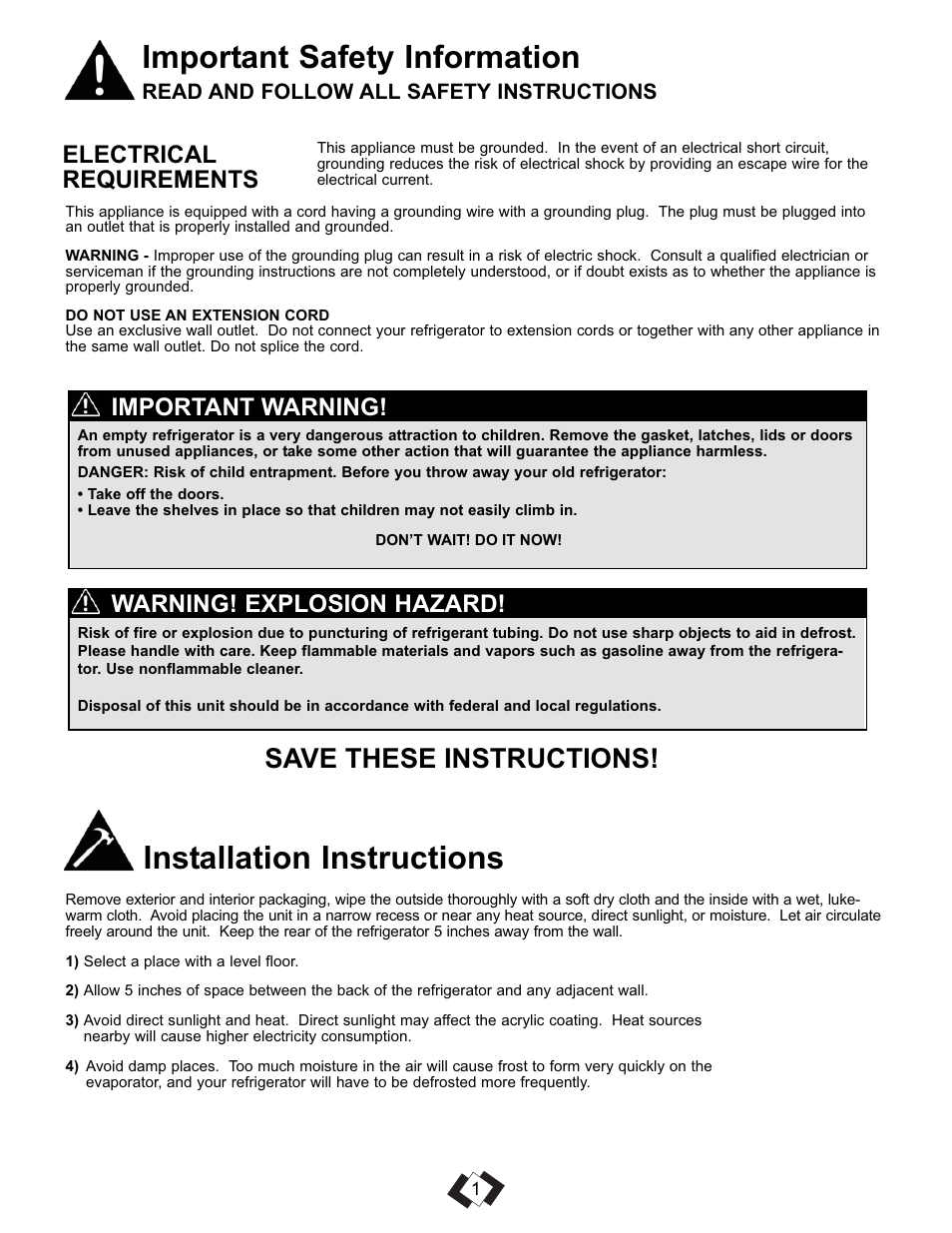 Important safety information, Installation instructions, Save these instructions | Electrical requirements, Warning! explosion hazard, Important warning | Danby DCR016A3WDB User Manual | Page 2 / 17