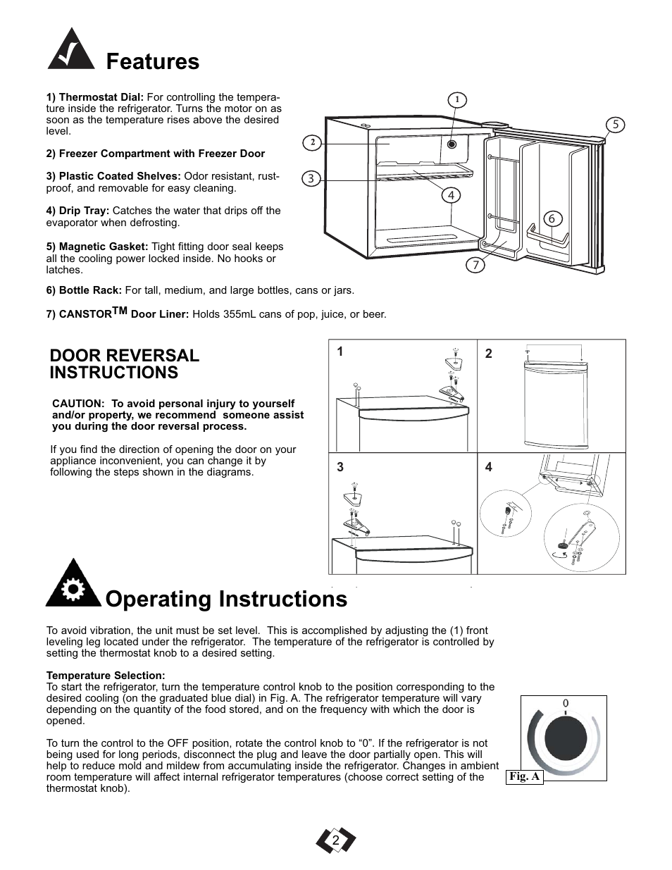 Features operating instructions, Door reversal instructions | Danby DCR016A3WDB User Manual | Page 3 / 17