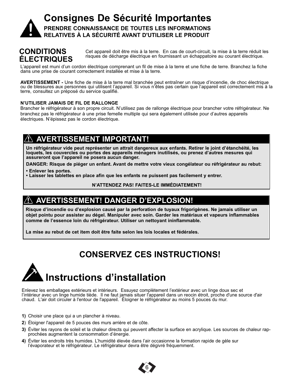 Consignes de sécurité importantes, Instructions d’installation, Conservez ces instructions | Conditions électriques, Avertissement! danger d’explosion, Avertissement important | Danby DCR016A3WDB User Manual | Page 7 / 17