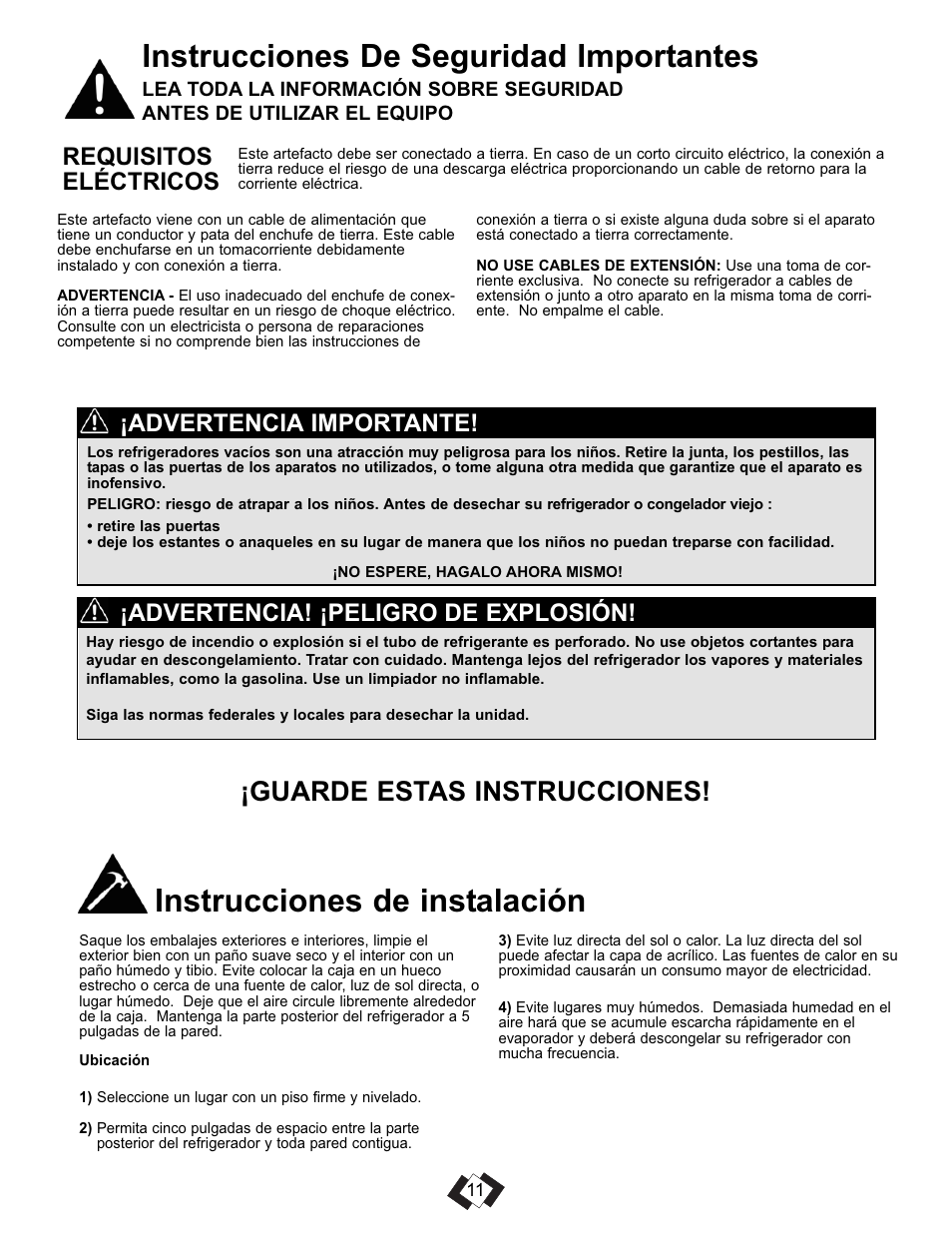 Instrucciones de seguridad importantes, Instrucciones de instalación, Guarde estas instrucciones | Requisitos eléctricos, Advertencia! ¡peligro de explosión, Advertencia importante | Danby DCR016A3BSLDD User Manual | Page 13 / 18