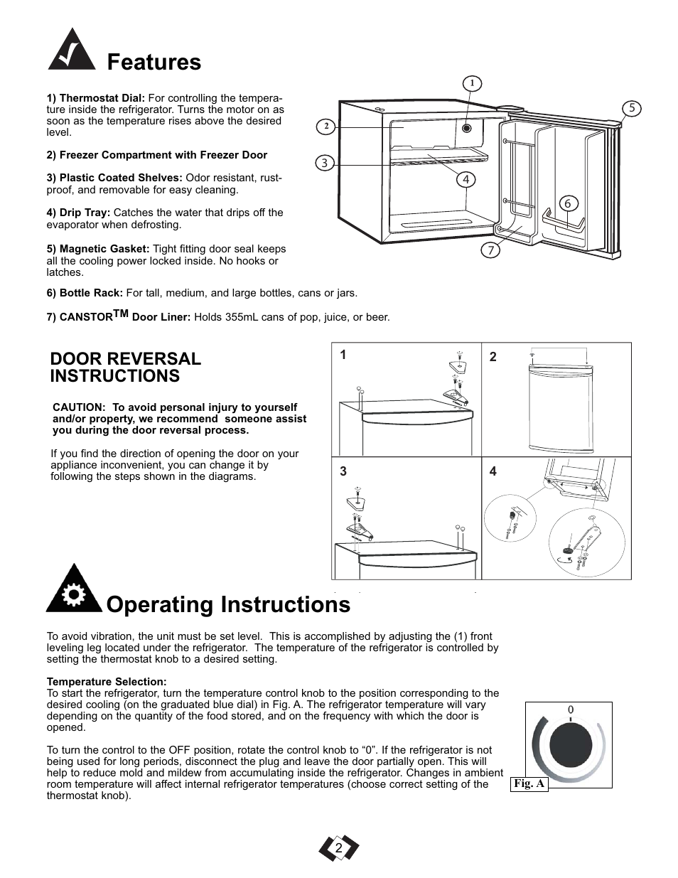 Features operating instructions, Door reversal instructions | Danby DCR016A3BSLDD User Manual | Page 4 / 18