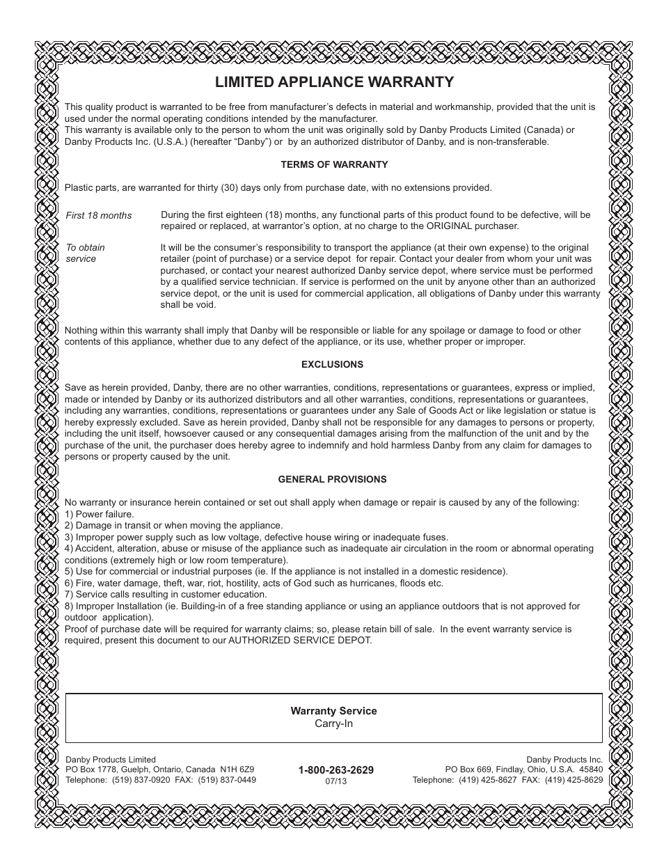 Limited appliance warranty, Limited in-home appliance warranty | Danby DCR016A3BSLDD User Manual | Page 7 / 18