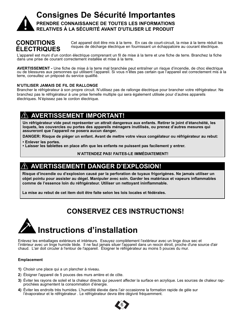 Consignes de sécurité importantes, Instructions d’installation, Conservez ces instructions | Conditions électriques, Avertissement! danger d’explosion, Avertissement important | Danby DCR016A3BSLDD User Manual | Page 8 / 18