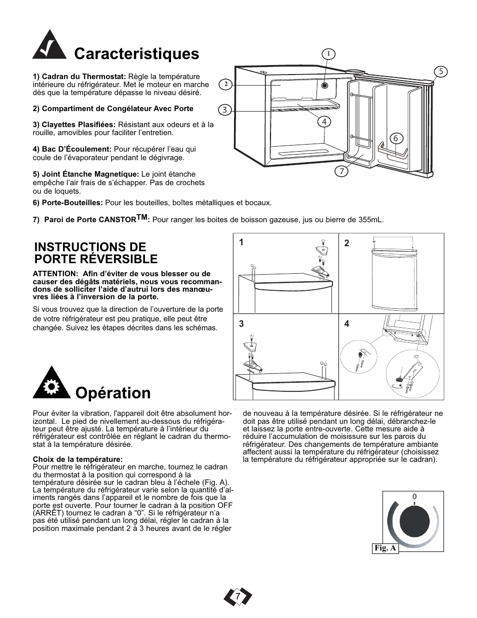 Caracteristiques opération, Instructions de porte réversible | Danby DCR016A3BSLDD User Manual | Page 9 / 18