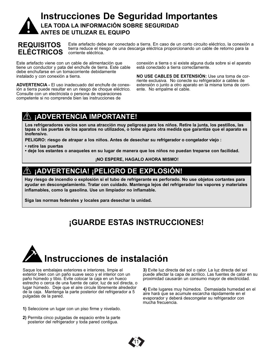 Instrucciones de seguridad importantes, Instrucciones de instalación, Guarde estas instrucciones | Requisitos eléctricos, Advertencia! ¡peligro de explosión, Advertencia importante | Danby DCR016A3WDEDB User Manual | Page 12 / 17