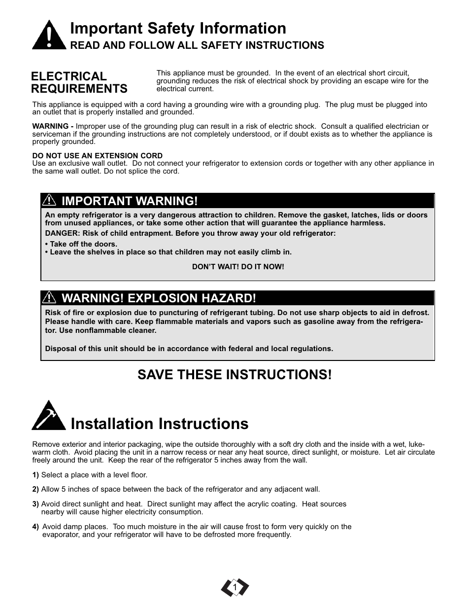 Important safety information, Installation instructions, Save these instructions | Electrical requirements, Warning! explosion hazard, Important warning | Danby DCR016A3WDEDB User Manual | Page 2 / 17