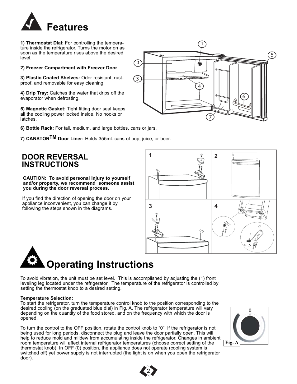 Features operating instructions, Door reversal instructions | Danby DCR016A3WDEDB User Manual | Page 3 / 17