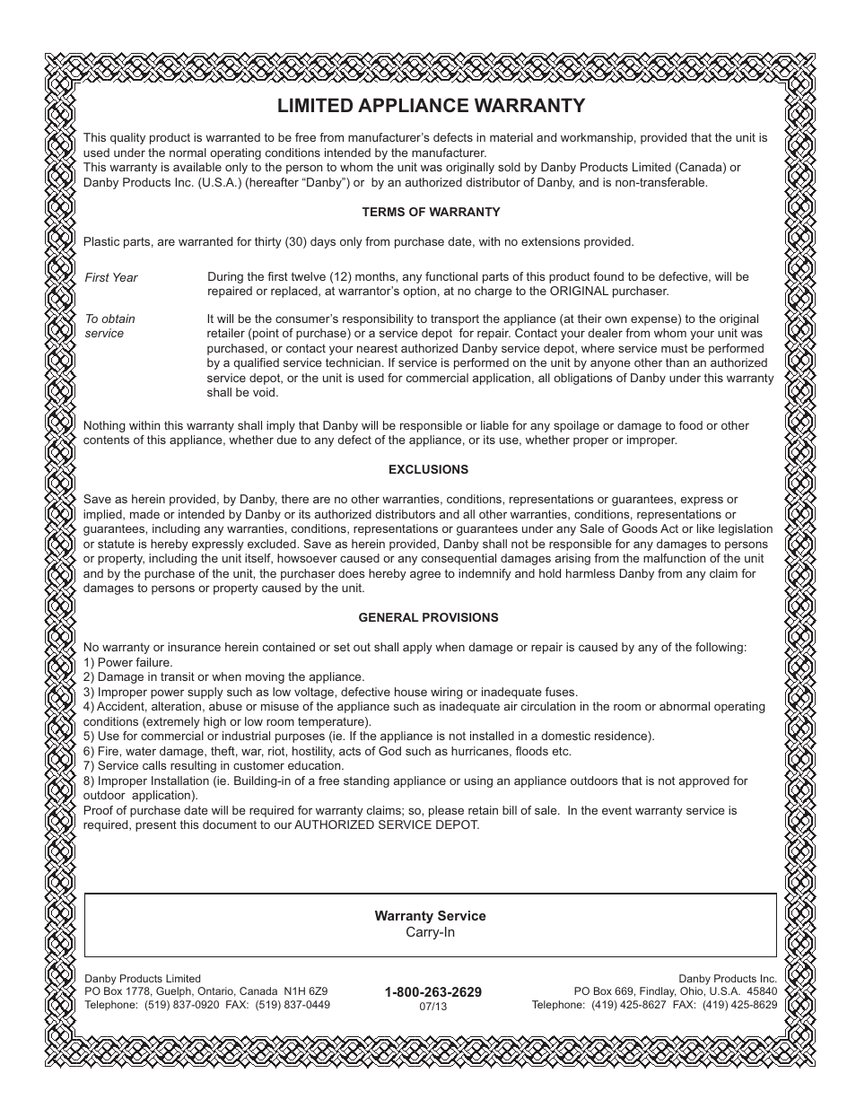 Limited appliance warranty, Limited in-home appliance warranty | Danby DCR016A3WDEDB User Manual | Page 6 / 17