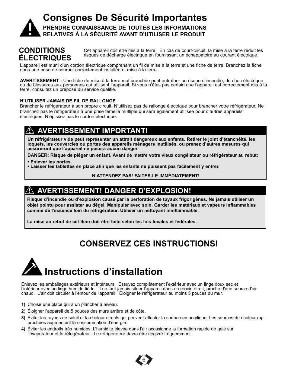 Consignes de sécurité importantes, Instructions d’installation, Conservez ces instructions | Conditions électriques, Avertissement! danger d’explosion, Avertissement important | Danby DCR016A3WDEDB User Manual | Page 7 / 17