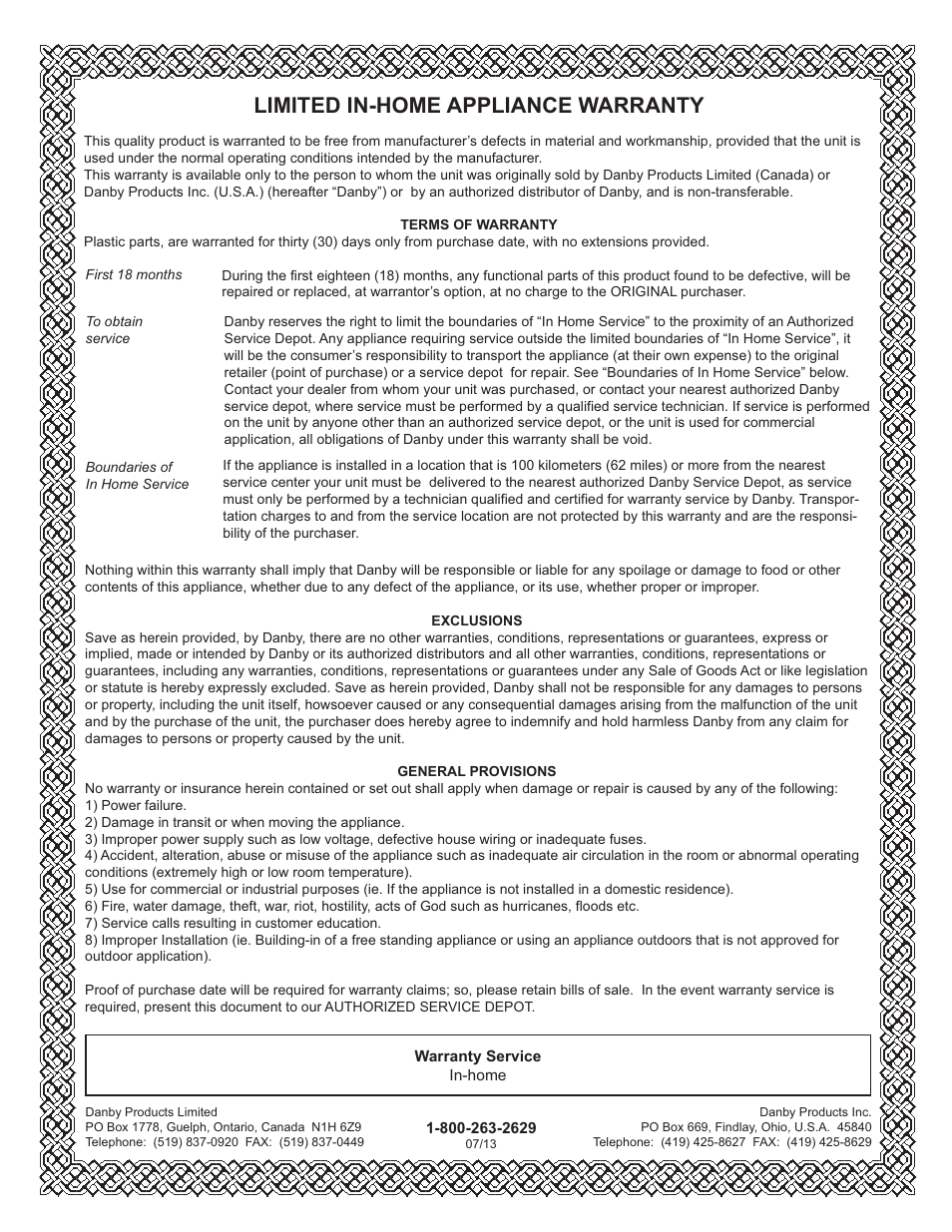 Limited in-home appliance warranty | Danby DCR031B1WDD User Manual | Page 11 / 30