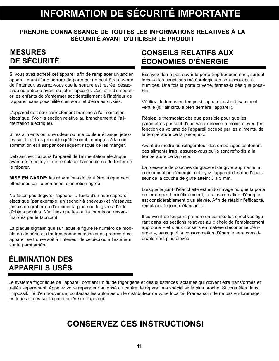 Information de sécurité importante, Conservez ces instructions, Élimination des appareils usés | Mesures de sécurité, Conseils relatifs aux économies d'énergie | Danby DCR031B1WDD User Manual | Page 13 / 30