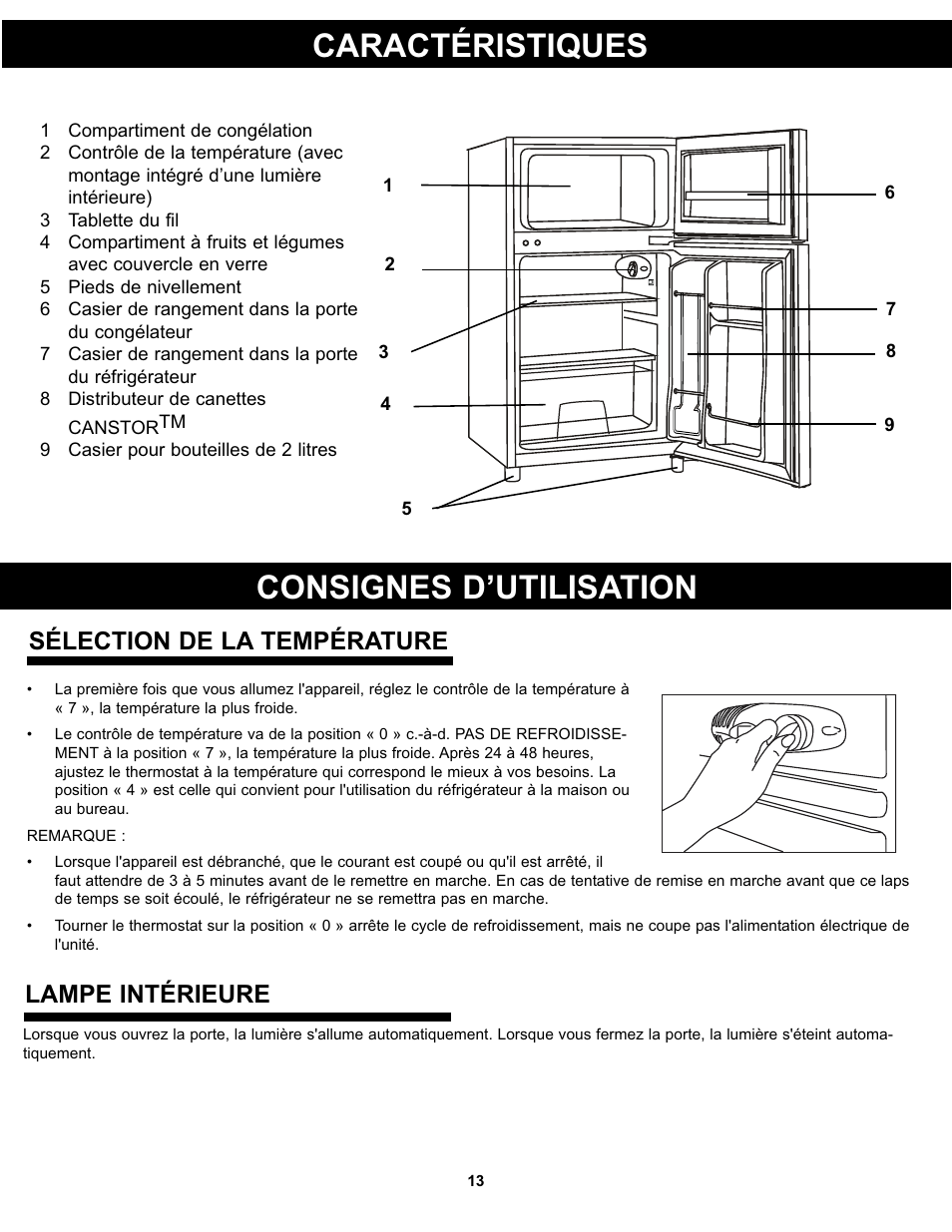 Caractéristiques, Consignes d’utilisation, Sélection de la température | Lampe intérieure | Danby DCR031B1WDD User Manual | Page 15 / 30