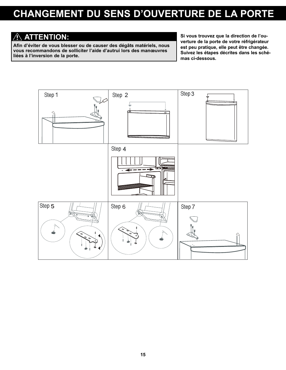 Changement du sens d’ouverture de la porte, Attention | Danby DCR031B1WDD User Manual | Page 17 / 30