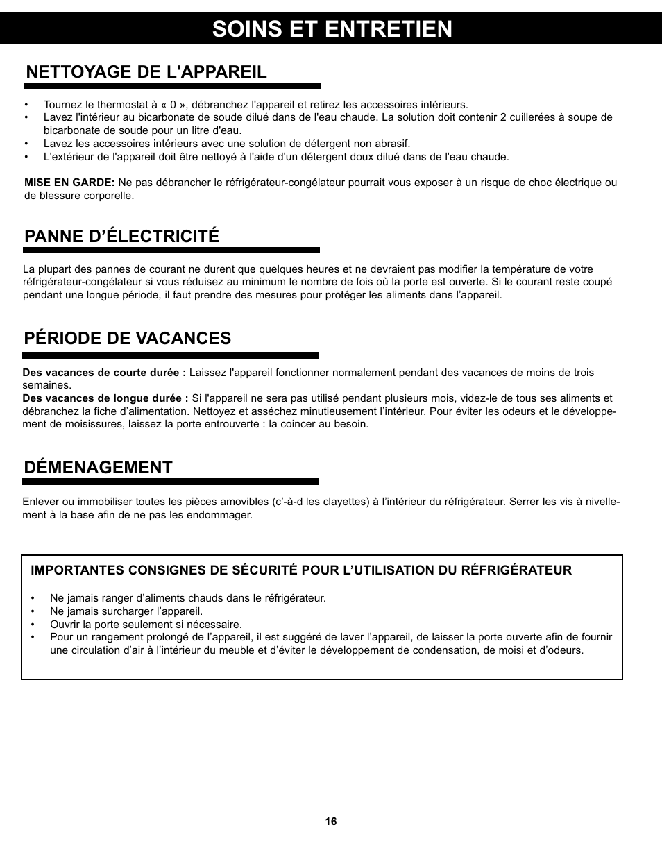 Soins et entretien, Nettoyage de l'appareil, Période de vacances | Panne d’électricité, Démenagement | Danby DCR031B1WDD User Manual | Page 18 / 30
