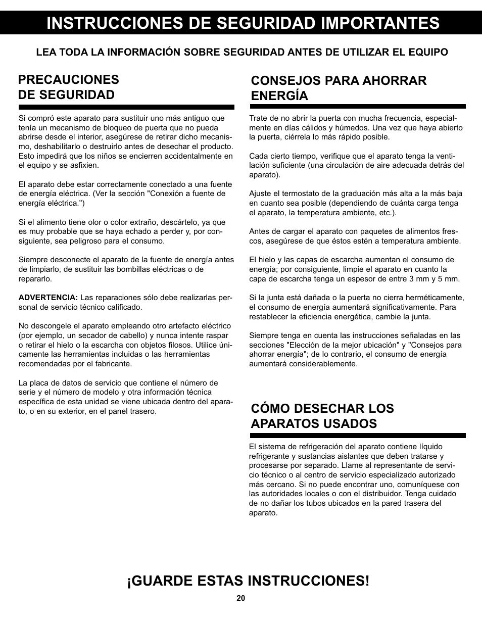 Instrucciones de seguridad importantes, Guarde estas instrucciones, Cómo desechar los aparatos usados | Precauciones de seguridad, Consejos para ahorrar energía | Danby DCR031B1WDD User Manual | Page 22 / 30