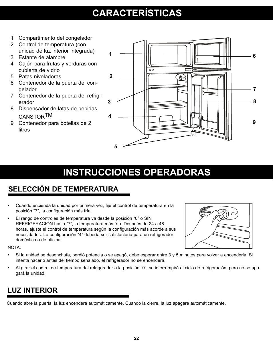 Características, Instrucciones operadoras, Selección de temperatura | Luz interior | Danby DCR031B1WDD User Manual | Page 24 / 30