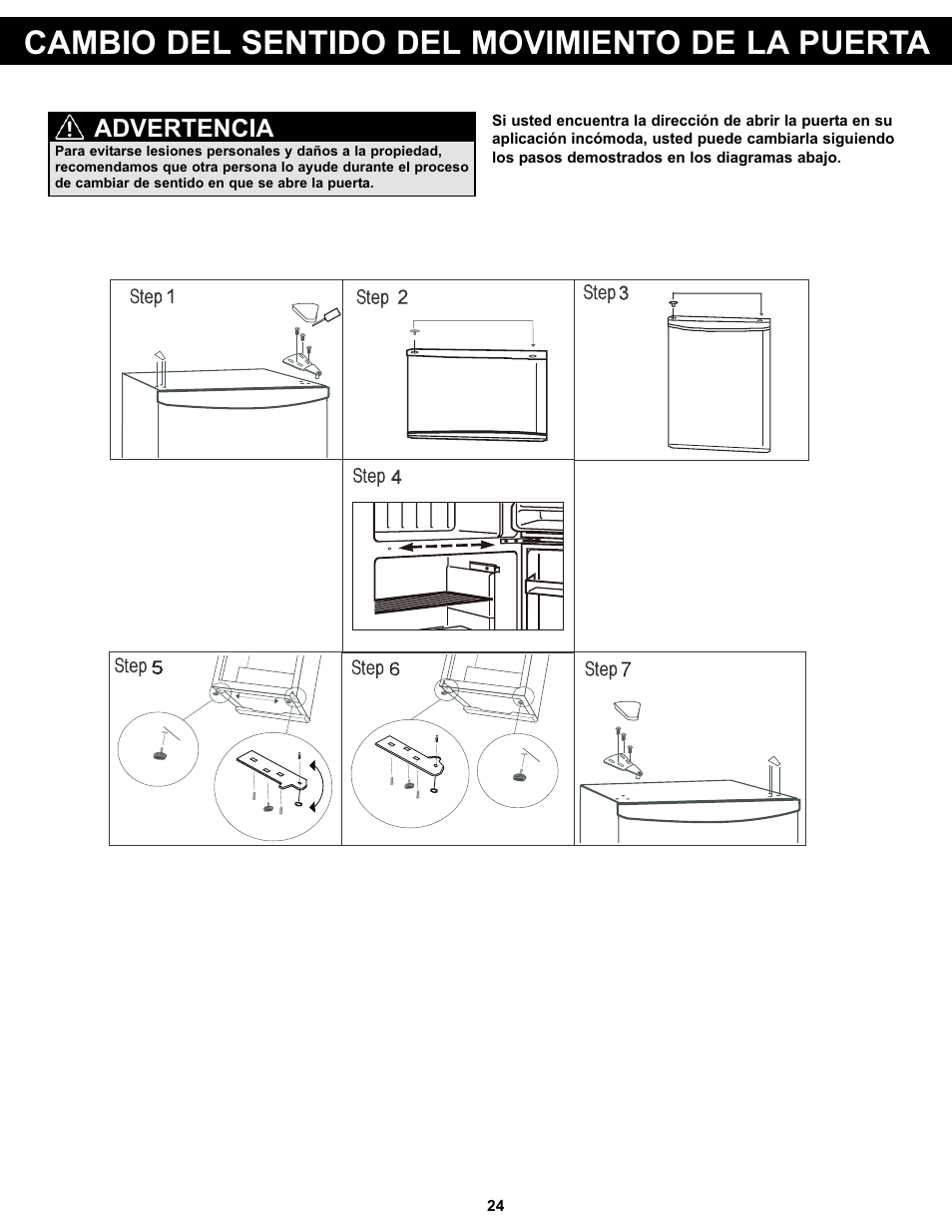 Cambio del sentido del movimiento de la puerta, Advertencia | Danby DCR031B1WDD User Manual | Page 26 / 30