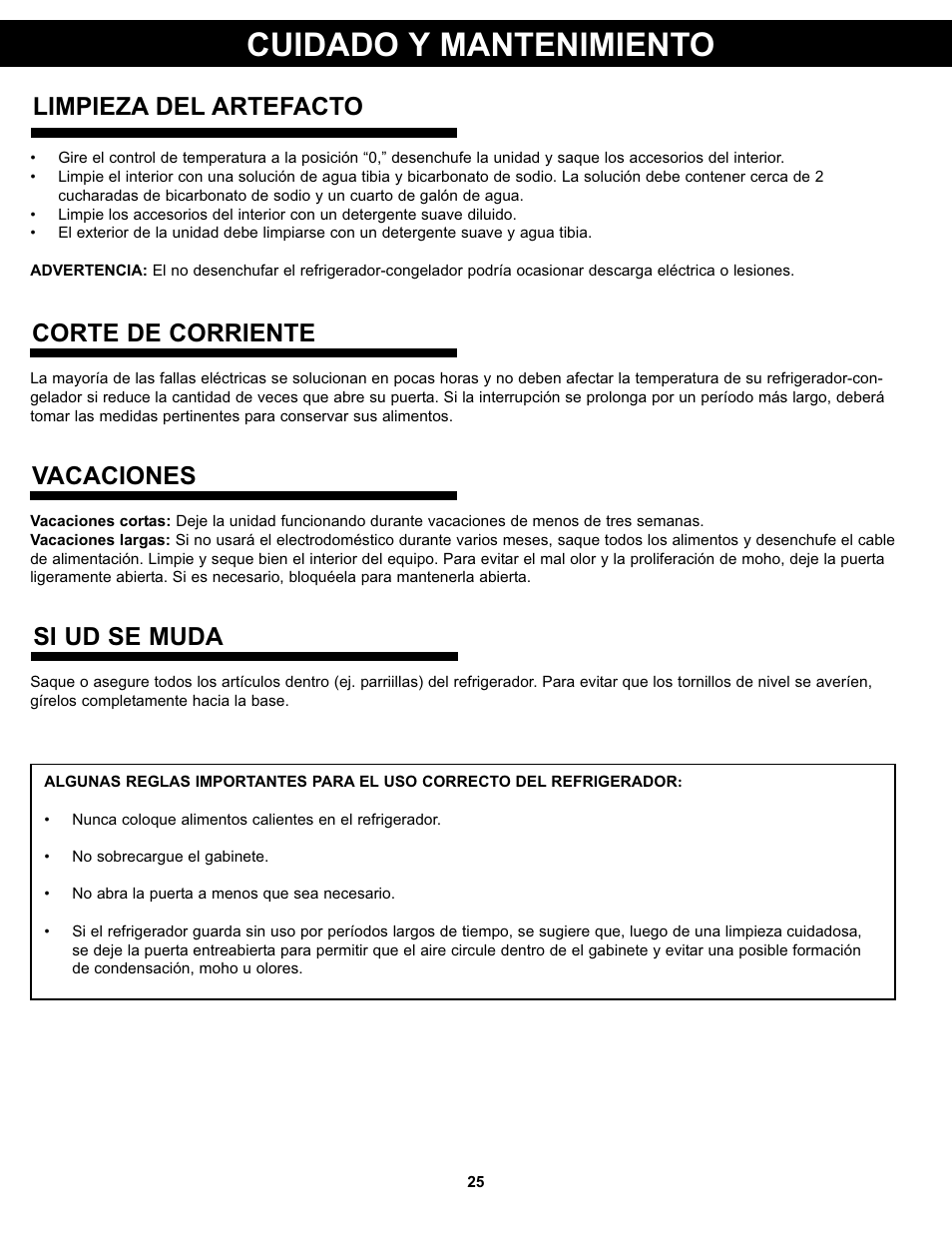 Cuidado y mantenimiento, Limpieza del artefacto, Corte de corriente | Si ud se muda, Vacaciones | Danby DCR031B1WDD User Manual | Page 27 / 30