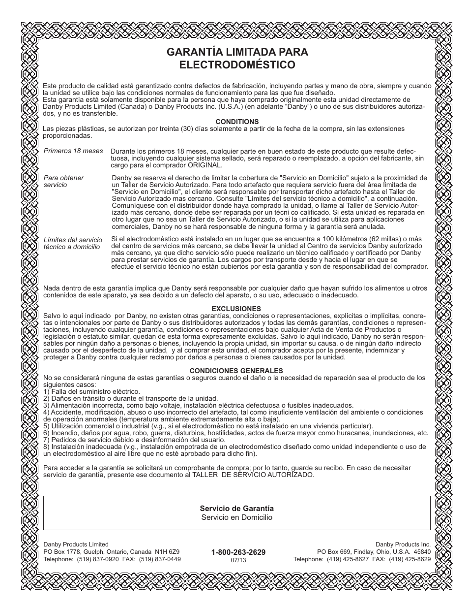 Limited in-home appliance warranty, Garantía limitada para electrodoméstico | Danby DCR031B1WDD User Manual | Page 29 / 30