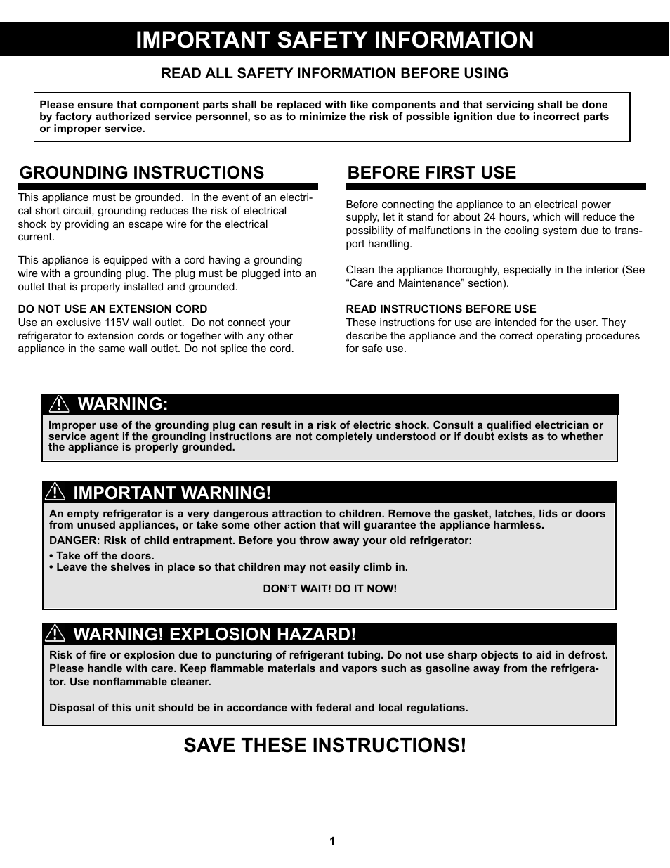 Important safety information, Save these instructions, Grounding instructions | Before first use warning, Warning! explosion hazard, Important warning | Danby DCR031B1WDD User Manual | Page 3 / 30