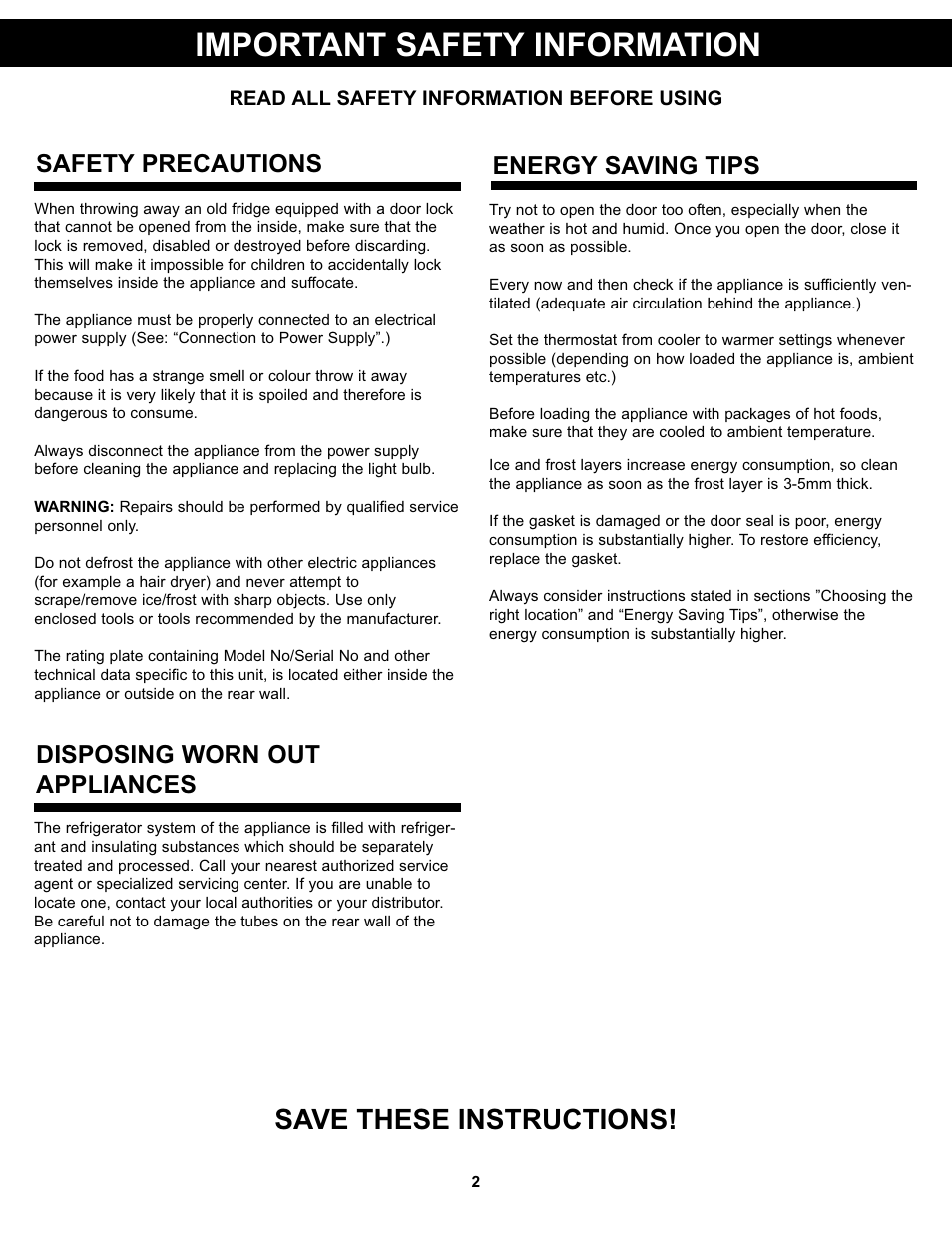 Important safety information, Save these instructions, Disposing worn out appliances | Safety precautions, Energy saving tips | Danby DCR031B1WDD User Manual | Page 4 / 30